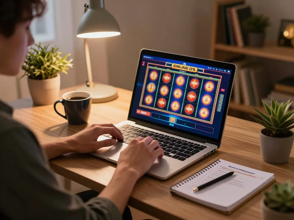 Engaging in online slots gameplay at home, showcasing vegasslot77 strategy and cozy atmosphere.