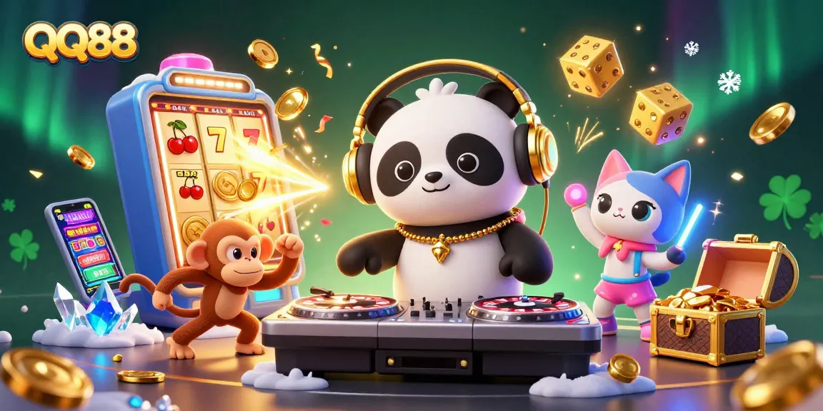 Experience QQ88’s vibrant gaming world with DJ panda, breakdancing monkey, and glowing kitten amidst dynamic casino elements.