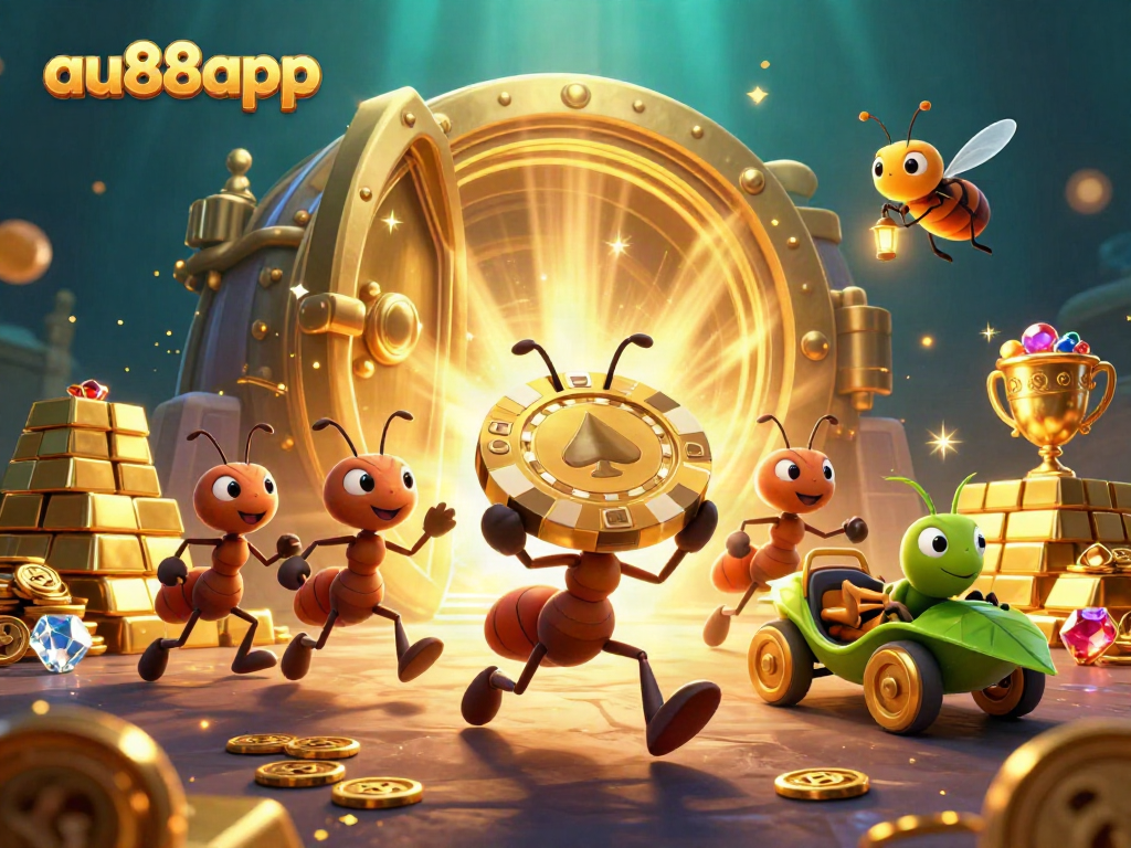 Experience thrilling gameplay with the au88app team of cartoon ants stealing a giant poker chip.