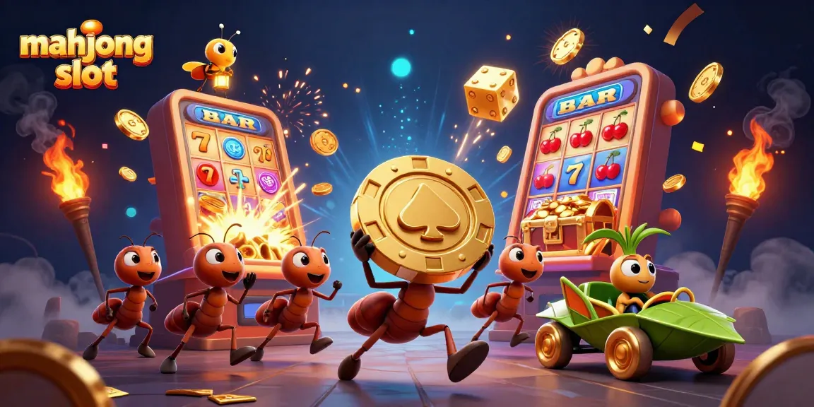 Engage in mahjong slot excitement with ants carrying a giant poker chip amid a colorful casino explosion.