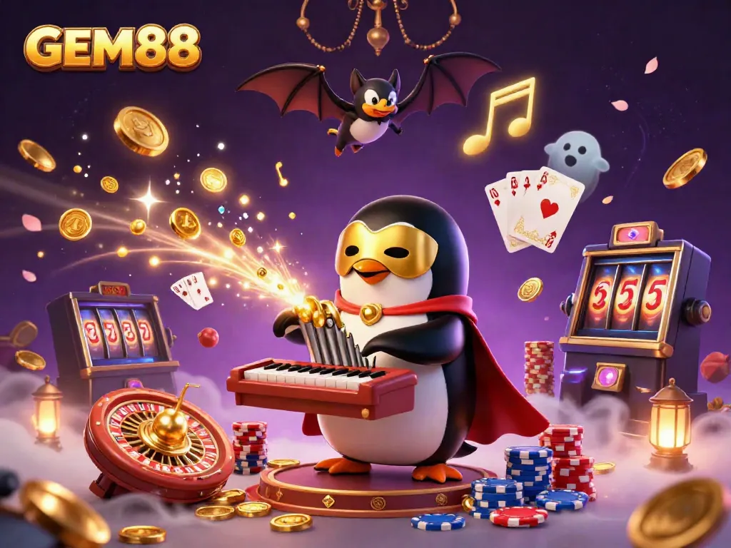 Experience the excitement at GEM88, featuring dynamic casino action with golden coins and vibrant game elements.