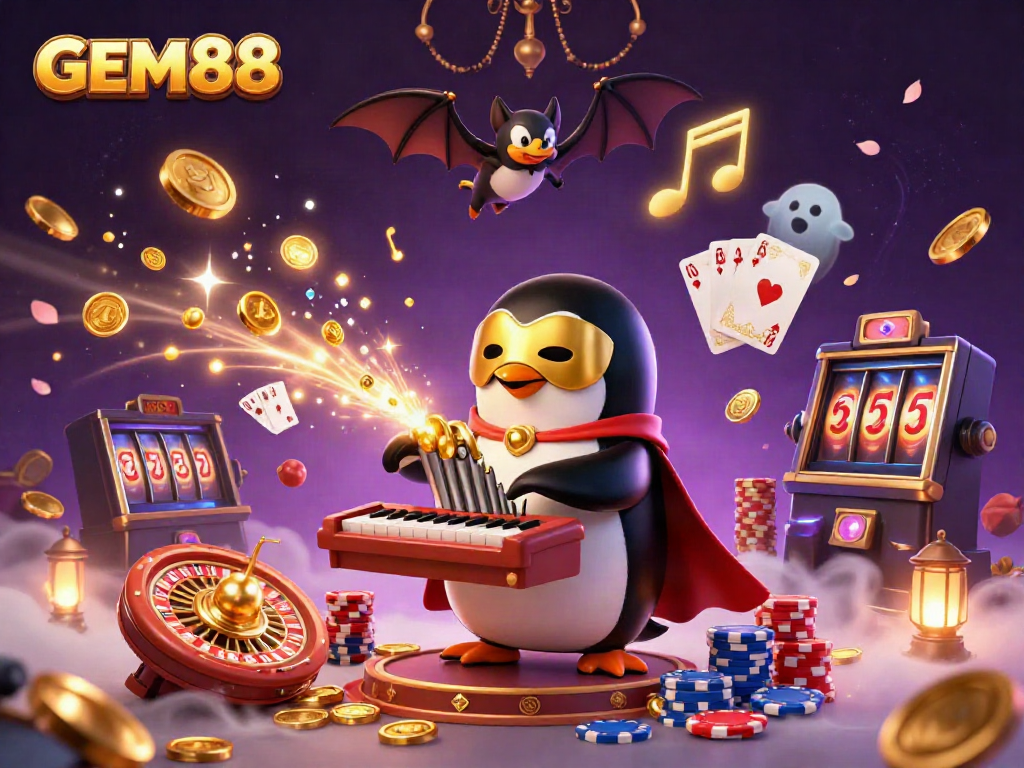 Experience the excitement at GEM88, featuring dynamic casino action with golden coins and vibrant game elements.