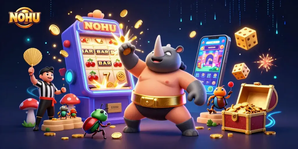 Experience the thrill of NOHU casino with a golden jackpot explosion and vibrant characters.