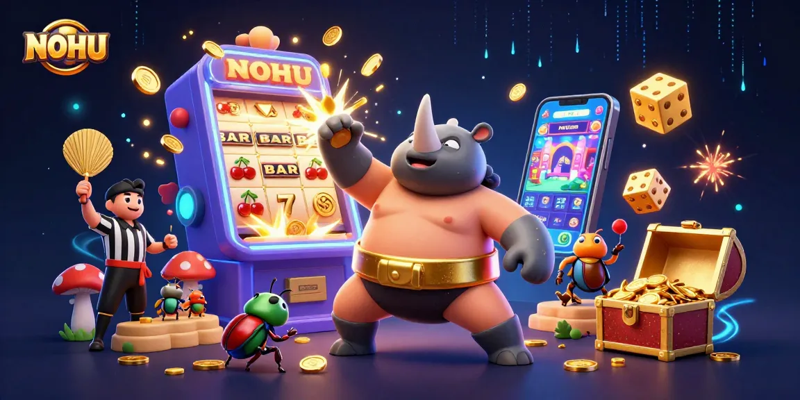 Experience the thrill of NOHU casino with a golden jackpot explosion and vibrant characters.