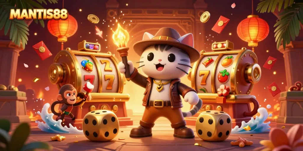 MANTIS88 brings excitement with a vibrant illustration of a cat explorer discovering a slot machine artifact in a temple.