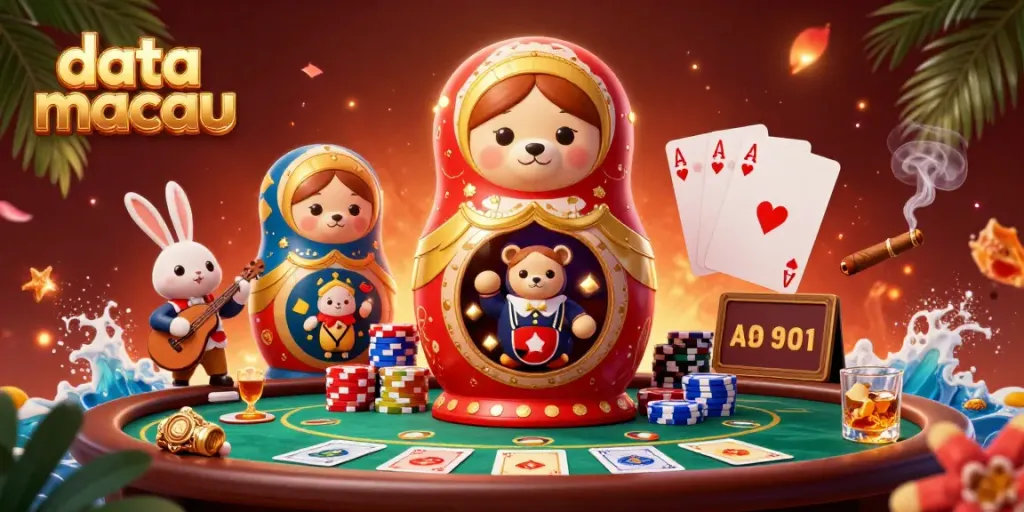 Mengamati data macau melalui ilustrasi Matryoshka yang memperlihatkan dealer kasino dalam suasana meriah.