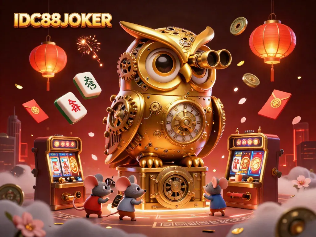 Experience excitement with IDC88JOKER in this vibrant casino scene, featuring a golden owl and dynamic game elements.