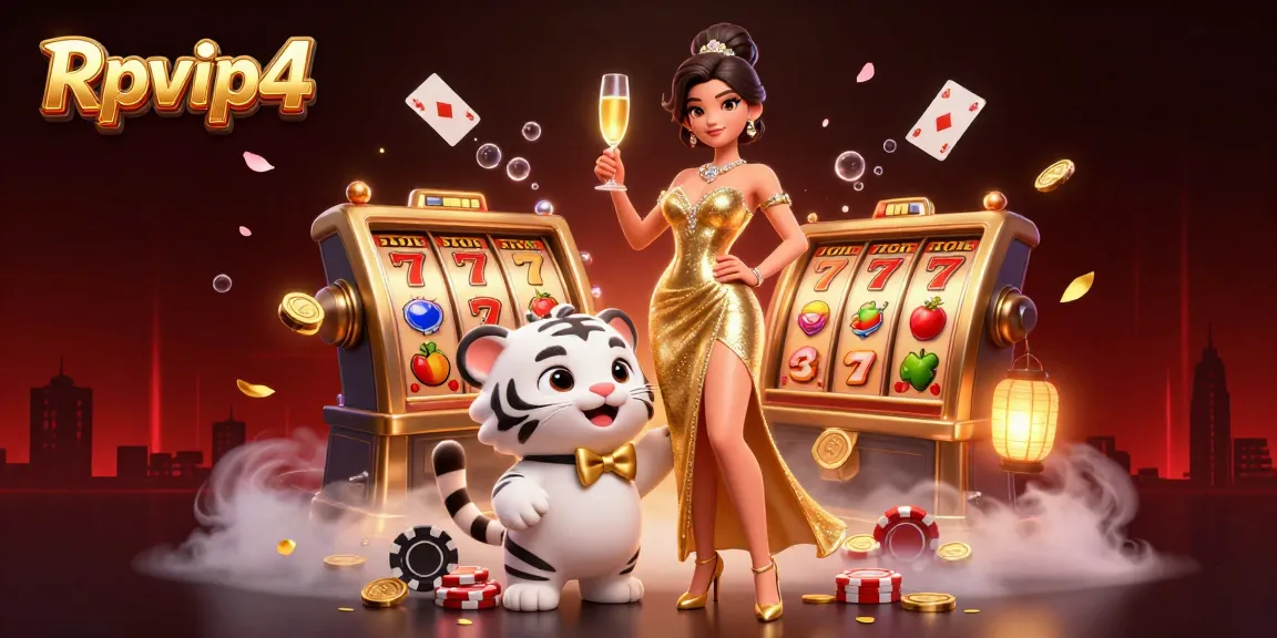 Berinteraksi dengan suasana kasino Rpvip4 yang semarak, menampilkan wanita glamor dengan harimau putih keberuntungan dan slot yang berkilau.