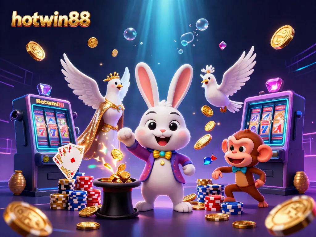 Experience the thrilling magic of hotwin88 with a cartoon magician rabbit pulling coins, dazzling visuals, and casino excitement!
