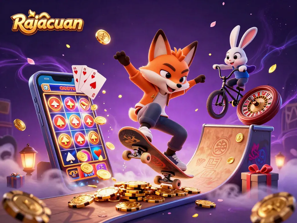 Rajacuan inspires big wins with vibrant casino-themed 3D illustration featuring a fox and rabbit.