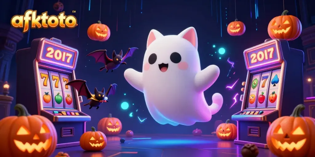 Mainkan afktoto dengan kucing hantu lucu dalam kasino berhantu penuh slot dan jack-o-lantern.