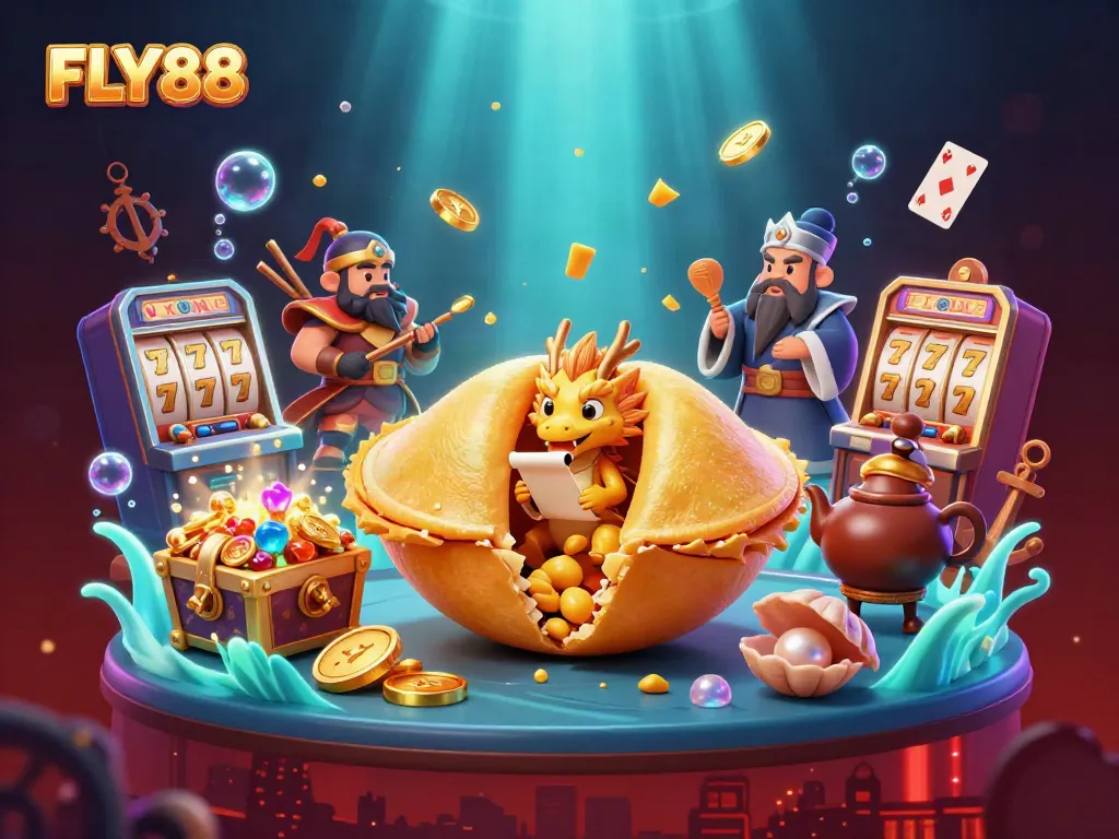 Experience thrilling casino action with FLY88 in a vibrant, energetic scene featuring lucky symbols and characters.