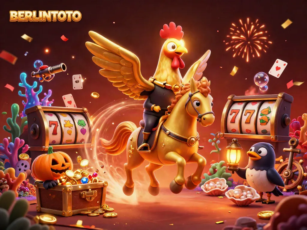 Join the thrill at BERLINTOTO as golden rooster hero rides through a celebration of casino adventures!
