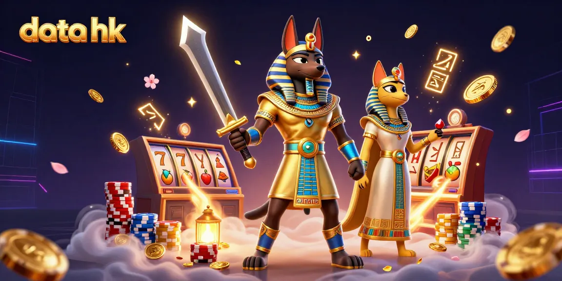 Bermain data hk pada mesin slot dengan Anubis dan Bastet dikelilingi koin emas dan simbol buah yang berkilau.