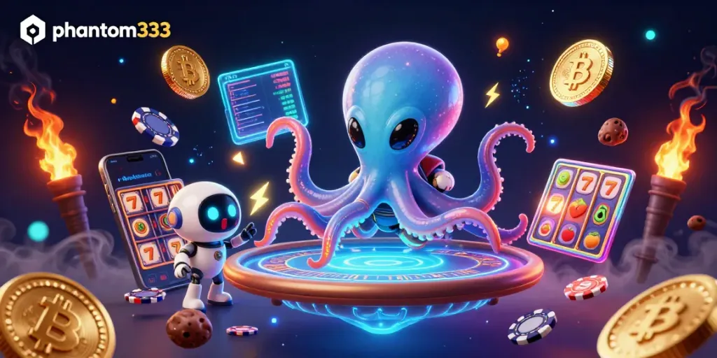 Engage with phantom333 at a vibrant gambling scene showcasing an alien octopus playing poker.