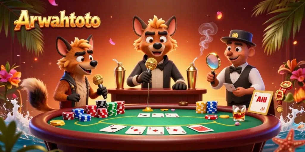Arwahtoto menyajikan ilustrasi kasino penuh aksi dengan hyena lucu dan elemen permainan menarik.
