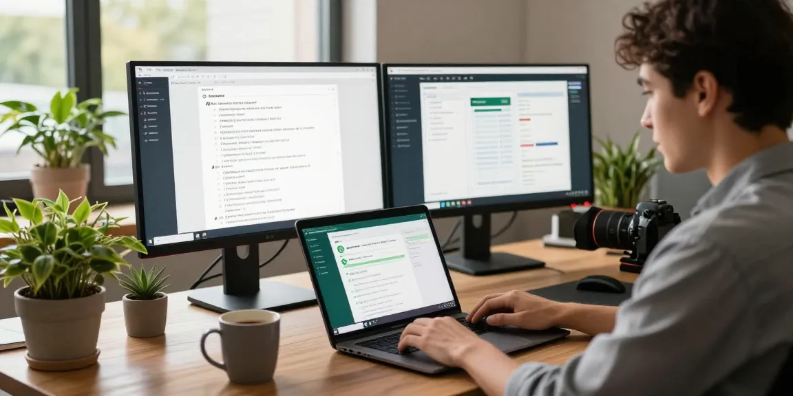 Young professional utilizing WhatsApp網頁版 in a modern tech workspace, showcasing productivity and collaboration.
