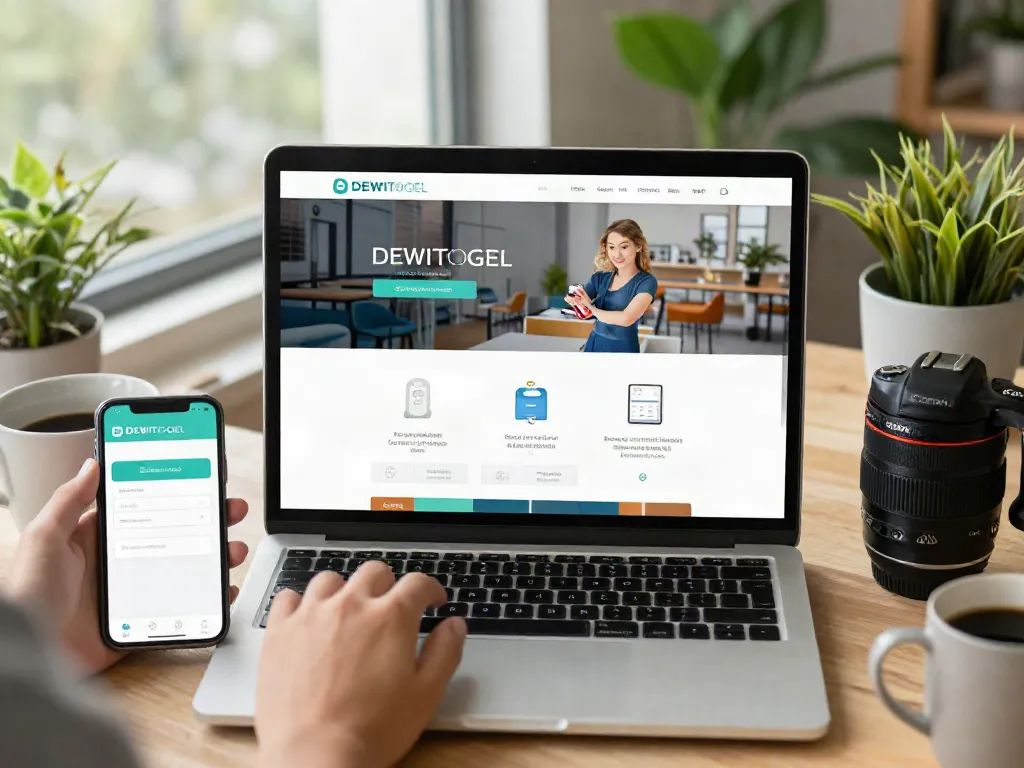 Platform DEWITOGEL yang mudah dinavigasi di laptop dan smartphone dalam ruang kerja modern.