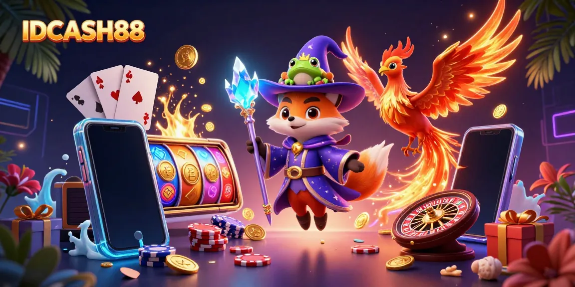 Engage with IDCASH88's vibrant casino world featuring a wizard fox and a phoenix in action.