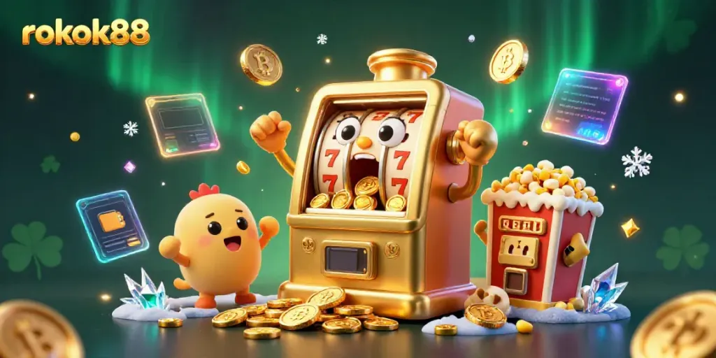 Bermain di rokok88 dengan slot machine beruntung mengeluarkan koin emas yang berkilau.