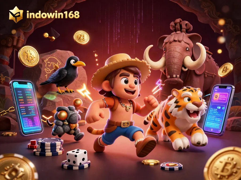 Experience thrilling gameplay at indowin168 with a prehistoric casino-themed 3D illustration featuring unique characters and elements.
