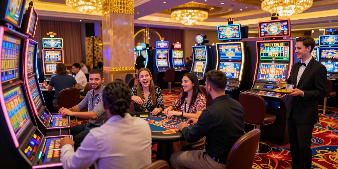 Slot gacor yang menarik dengan pemain merayakan kemenangan jackpot di kasino.