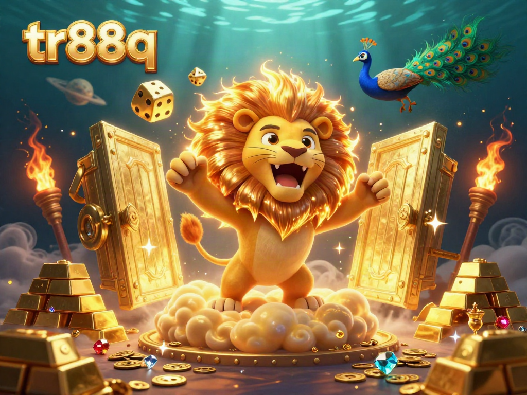 Spin the reels and win big with tr88q at this vibrant casino scene featuring a golden lion and rich treasures.