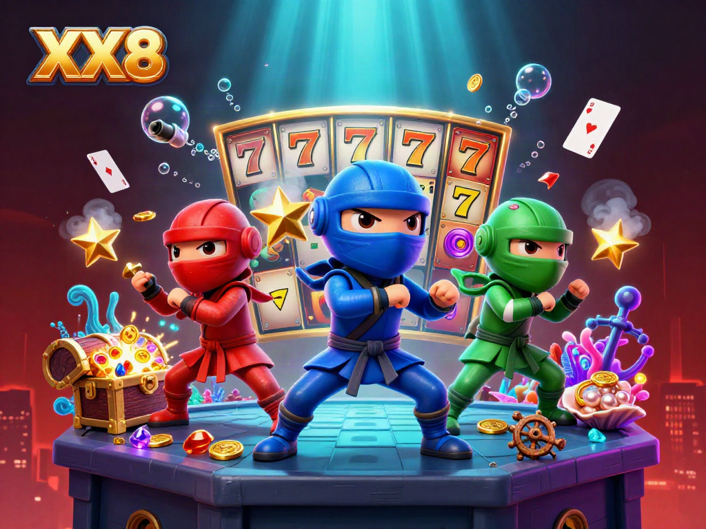 Engage in the vibrant world of XX8 as chameleons express excitement in a colorful casino scene full of action.