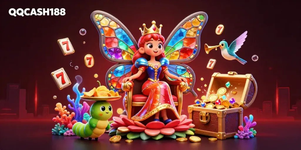 Engage in winning strategies with QQCASH188, featuring an enchanting casino scene full of slot machines and vibrant characters.