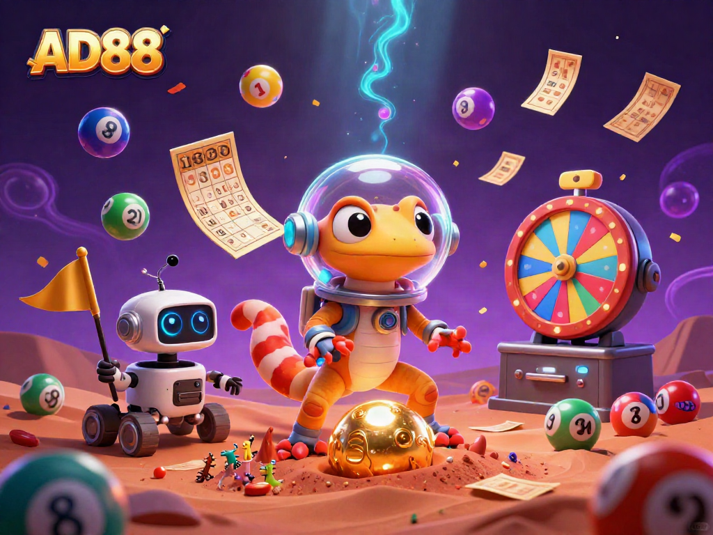 Experience the thrilling AD88 casino adventure with a Martian gecko discovering treasures amidst vibrant games and lottery elements.