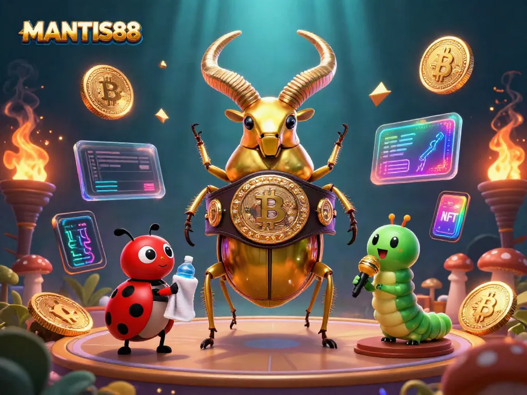 MANTIS88 features a competitive atmosphere with a bold stag beetle and supporting characters in a rich casino setting.