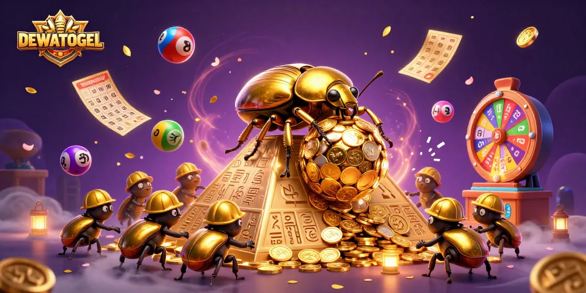 Join the gaming adventure with DEWATOGEL as dynamic 3D beetles engage in an exhilarating lottery-themed scene filled with excitement.