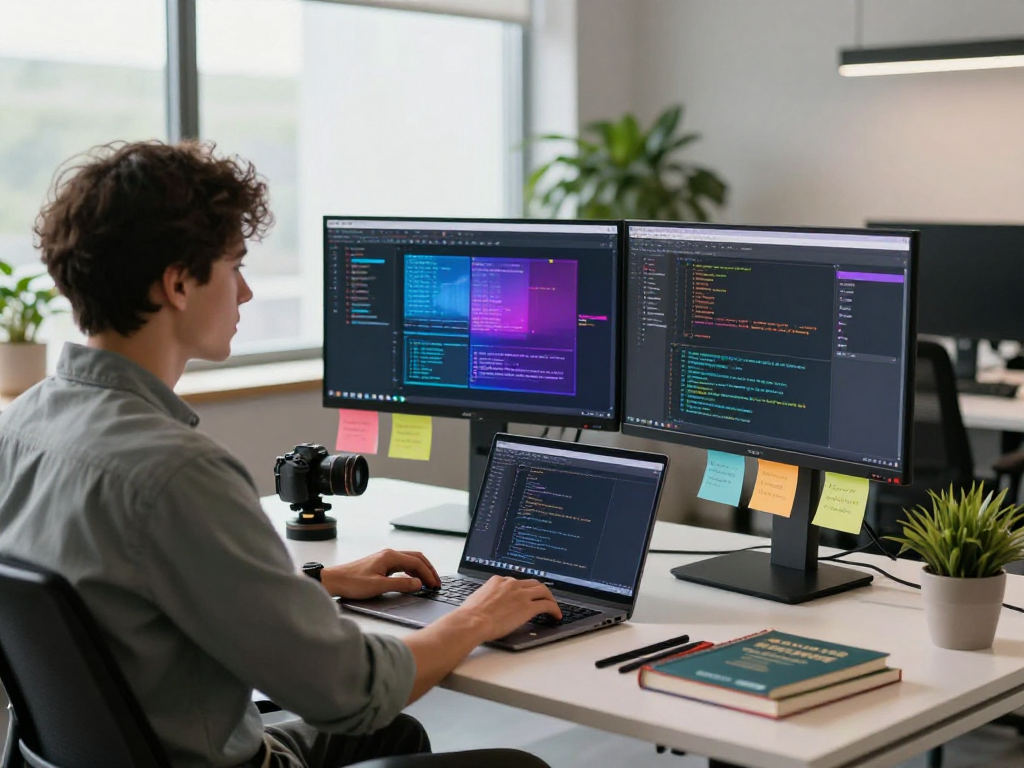 Pengembang bekerja di ruang teknologi inovatif martil4d dengan monitor dan desain aplikasi