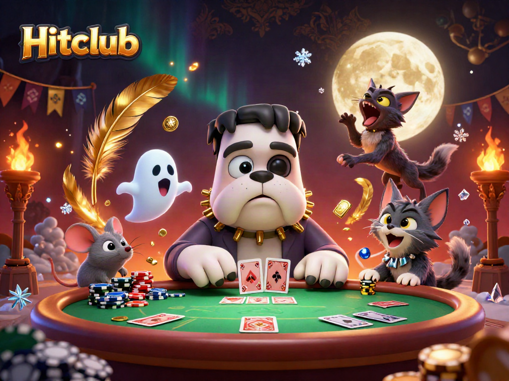 Hitclub illustration featuring a Frankenstein bulldog dealing cards surrounded by gaming elements.