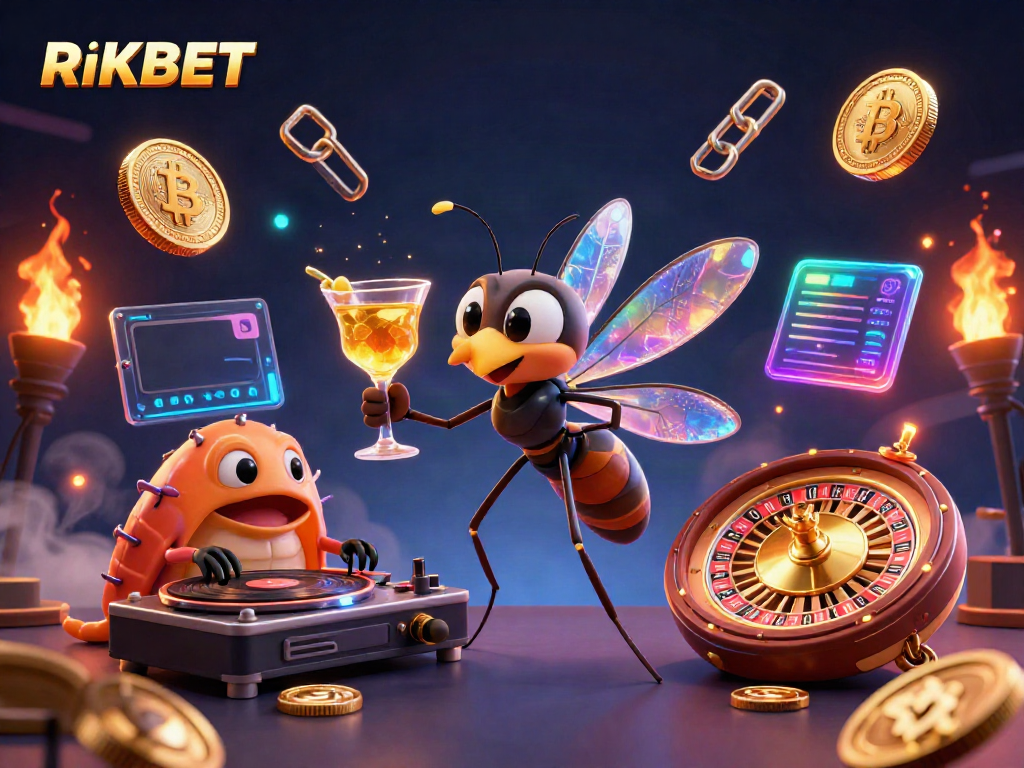 Experience excitement at RIKBET with a vibrant 3D casino scene featuring unique characters and glowing elements.