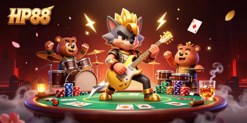 HP88 features a rock star wolf and drummer bear in a vibrant casino setting with poker elements.