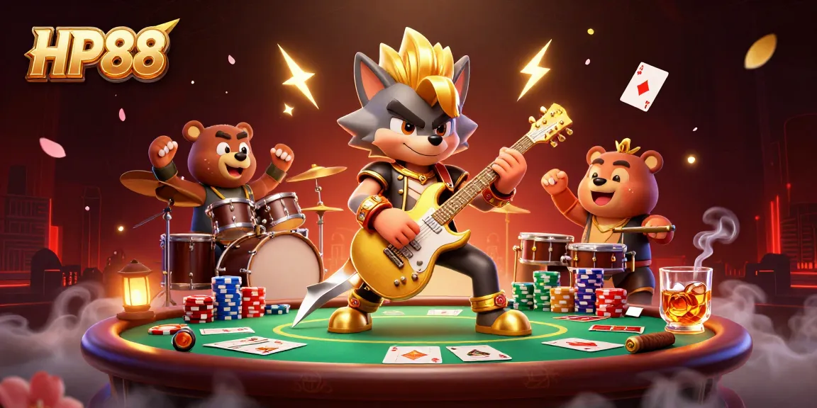 HP88 features a rock star wolf and drummer bear in a vibrant casino setting with poker elements.