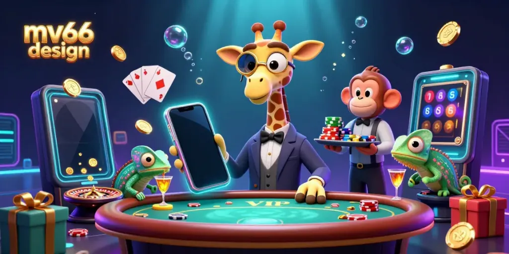 Engage with mv66 design featuring a high-roller giraffe and casino characters living the high-stakes life.