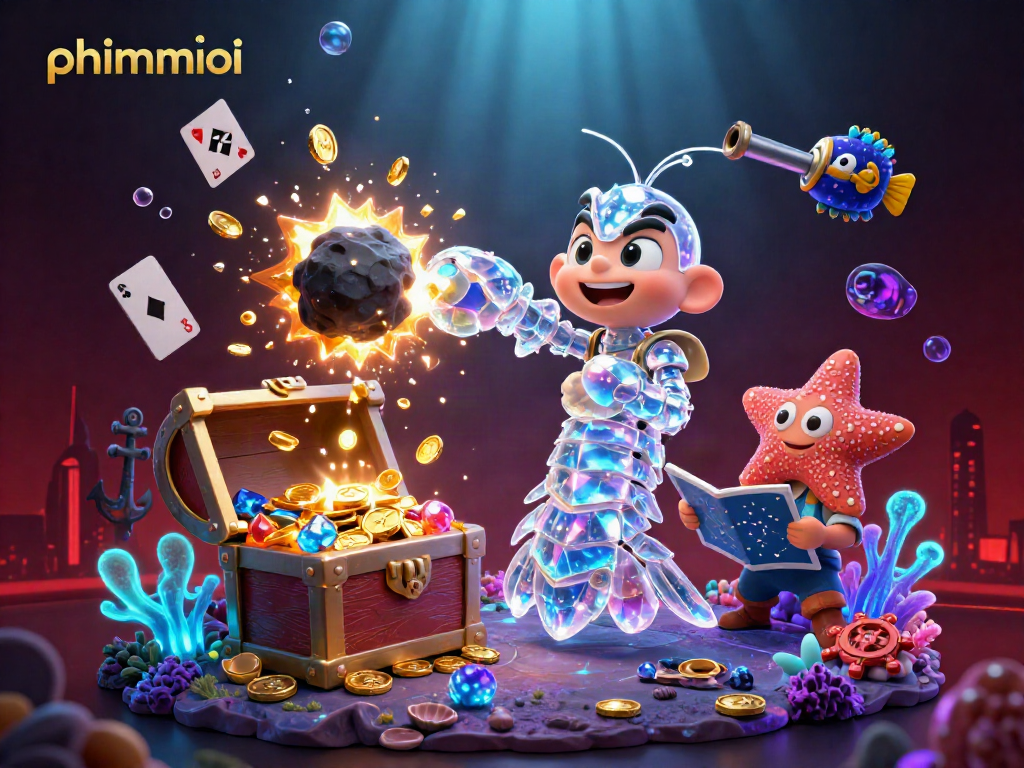 phimmoi engages users with a vibrant explosion of gold coins and gems in a fantastical casino layout.