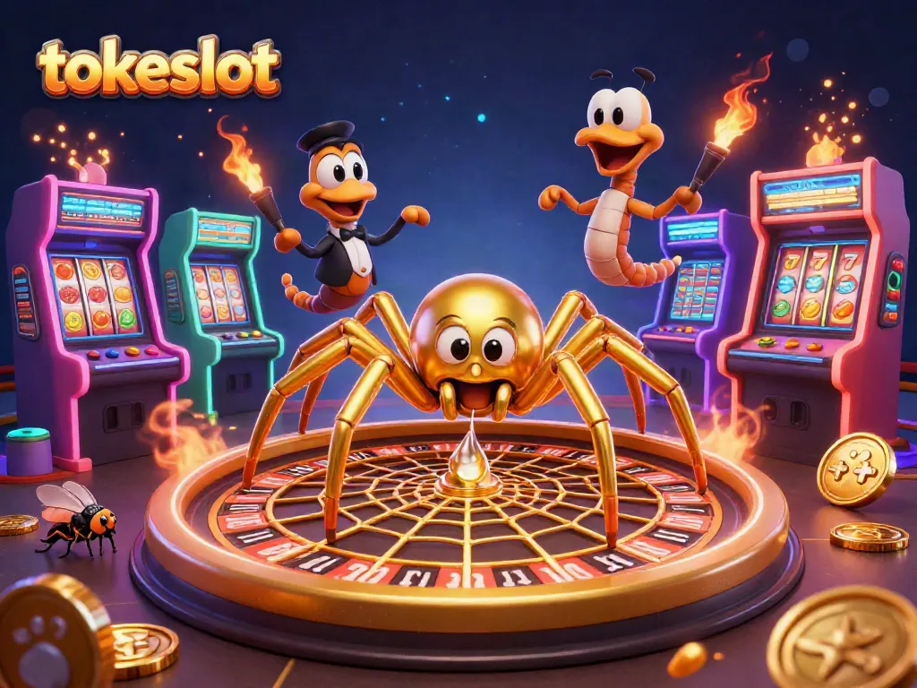 Engage with tokeslot's thrilling action as a fly nervously bets at a roulette wheel web.