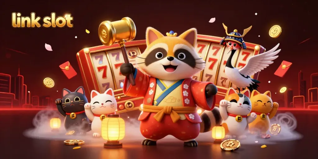 Menang jackpot dengan link slot sembari bermain slot, dipenuhi elemen kasino di latar belakang.