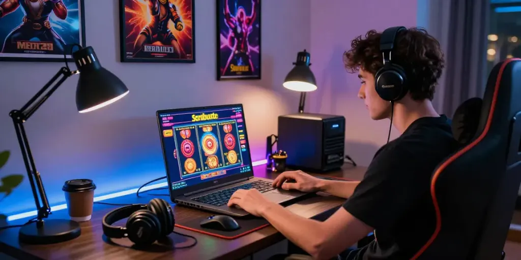 Individual playing Seributoto in a modern home office with gaming gear.