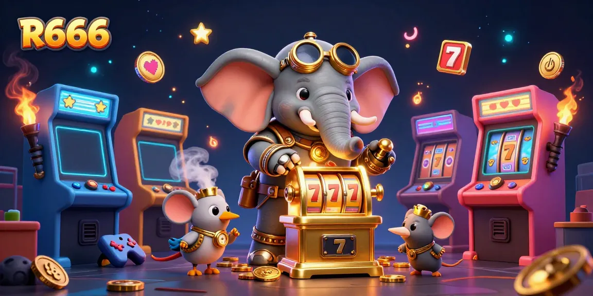 Experience thrilling gameplay with R666 at an exciting steampunk-themed casino, featuring vibrant slot machines and character dynamics.