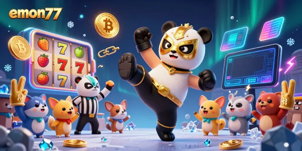 Witness the excitement of emon77 slots as a panda wrestler performs a flying kick amid cheering animal fans.