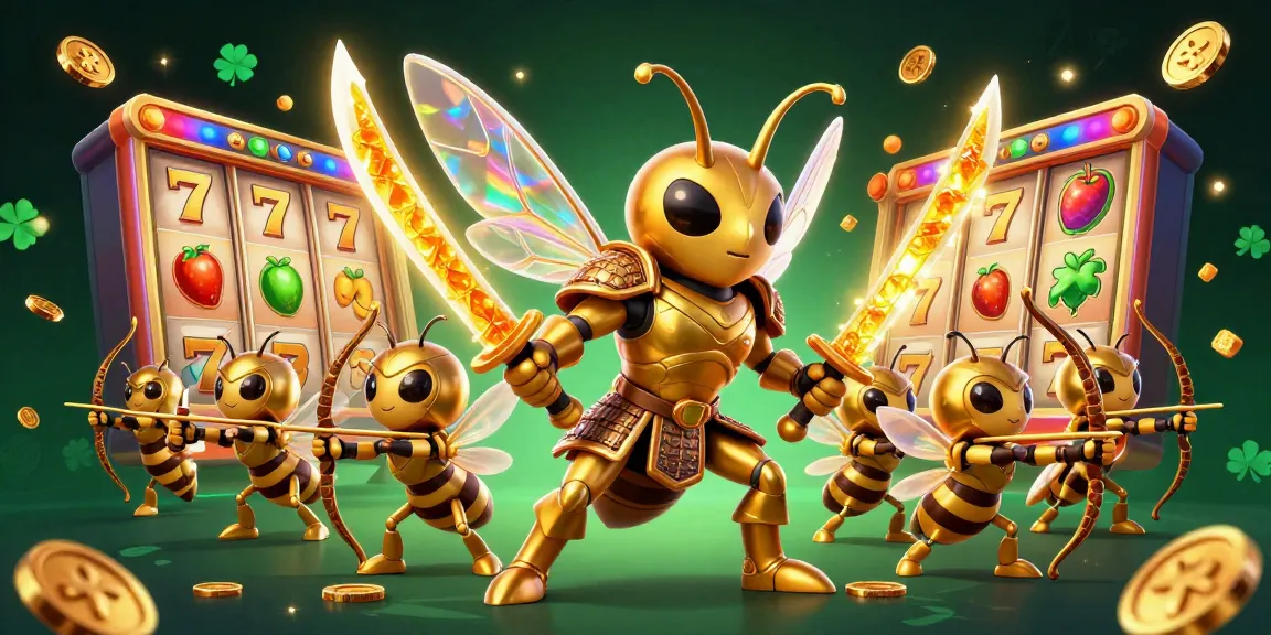Engage with Slot Gacor through this vibrant casino illustration showing a golden hornet samurai championing slot victories.