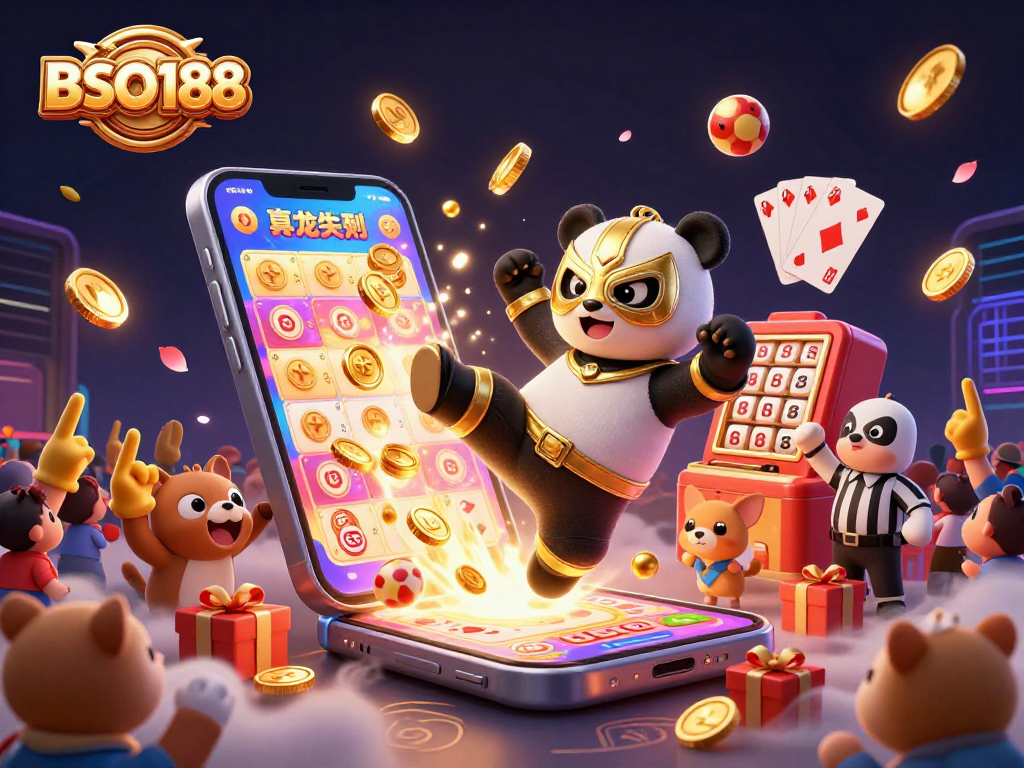 Place your bets with BSO188 in this vibrant, animated lottery scene featuring playful characters.