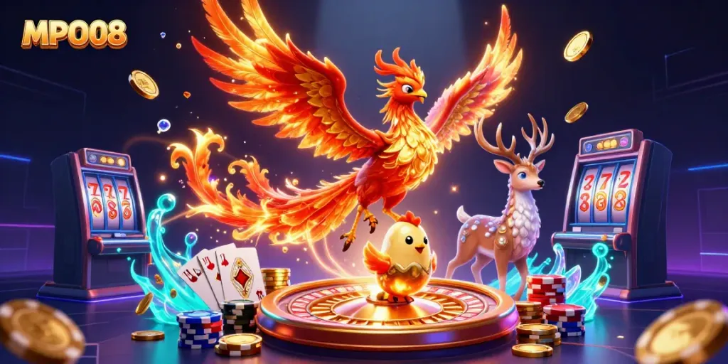 Engage with MPO08's vibrant 3D casino scene featuring a phoenix and gaming elements.