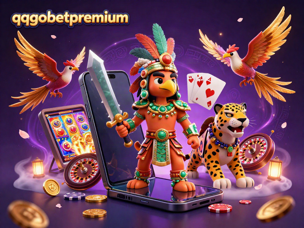 Experience the excitement of the qqgobetpremium slot game with an Aztec warrior and vibrant casino elements.