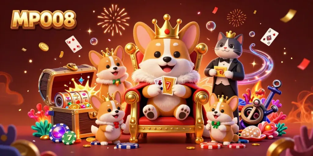 MPO08 showcases a royal corgi on a poker chip throne, surrounded by vibrant casino elements.