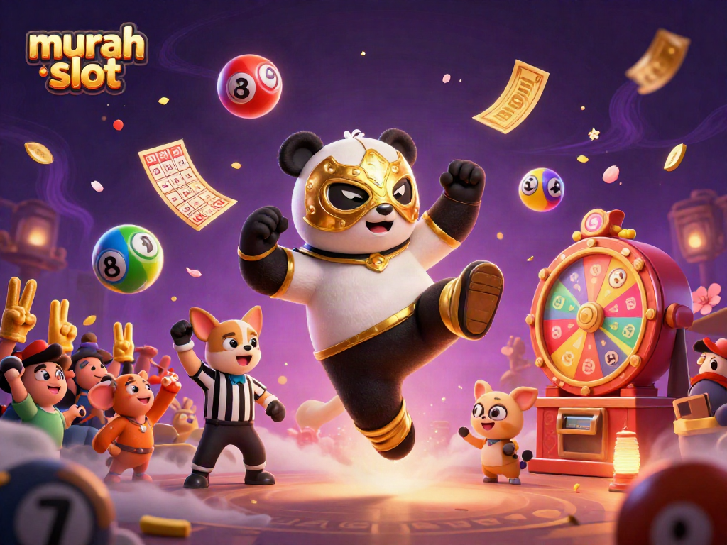 Gacor dengan murah slot, panda pegulat melakukan tendangan udara di tengah semarak acara kasino.